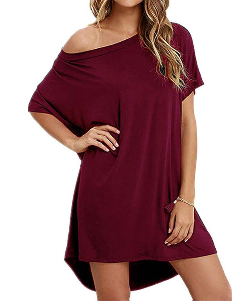FS304#the stylish and trendy off-shoulder round-neck irregular dress