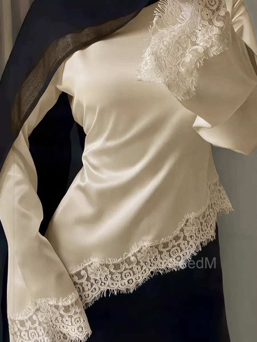 Lace Trim Satin Tie Back Blouse US Size 2-8 Comfortable Women's Top #MS624
