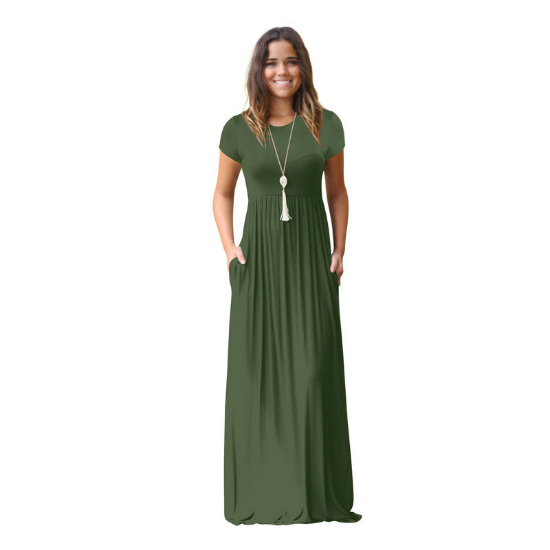 FS311#Women Short Sleeve Loose Plain Casual Long Maxi Dresses with Pockets