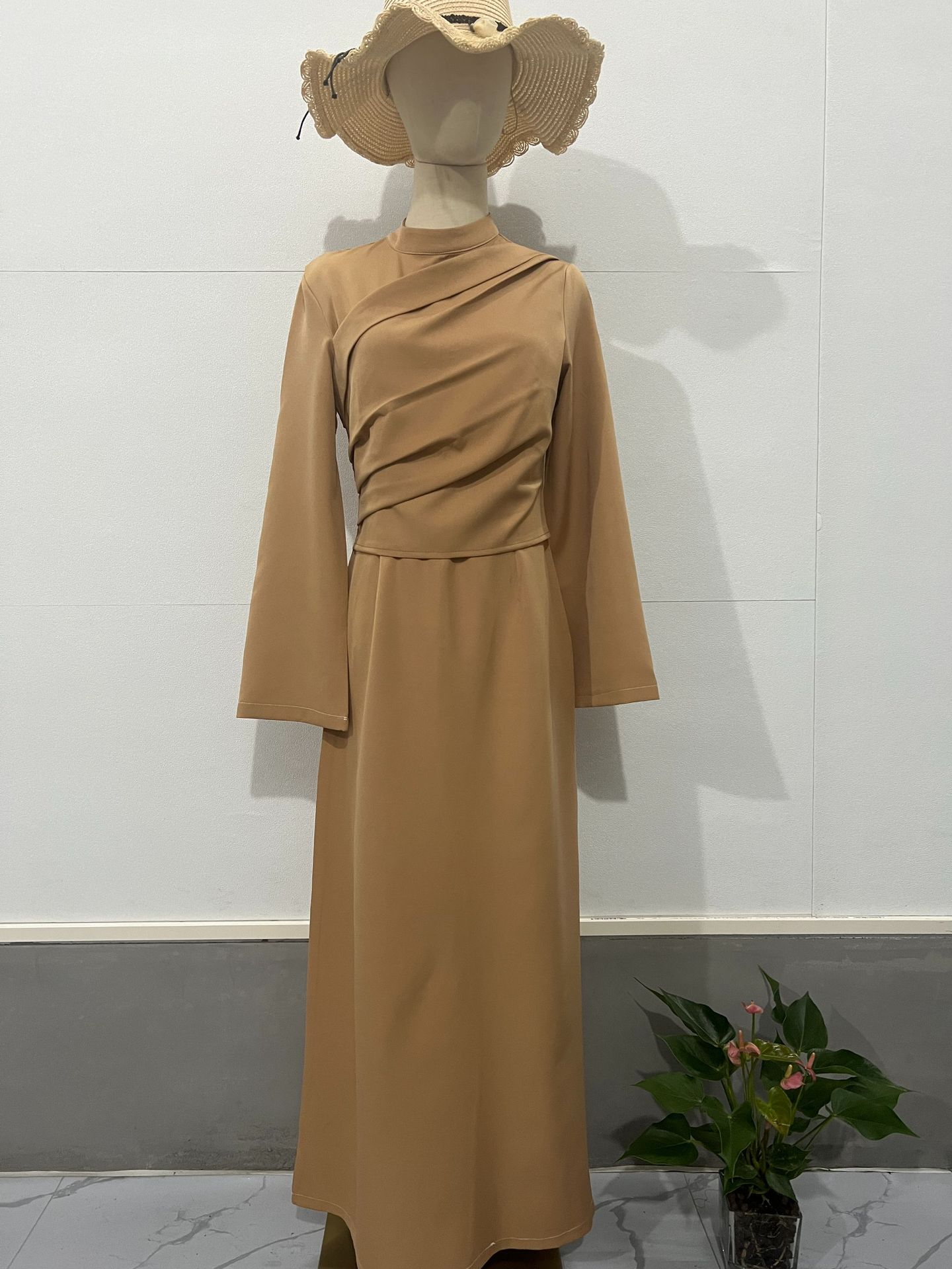 MS454#Elegant temperament solid color design pressure-sensitive pleated long-sleeved dress