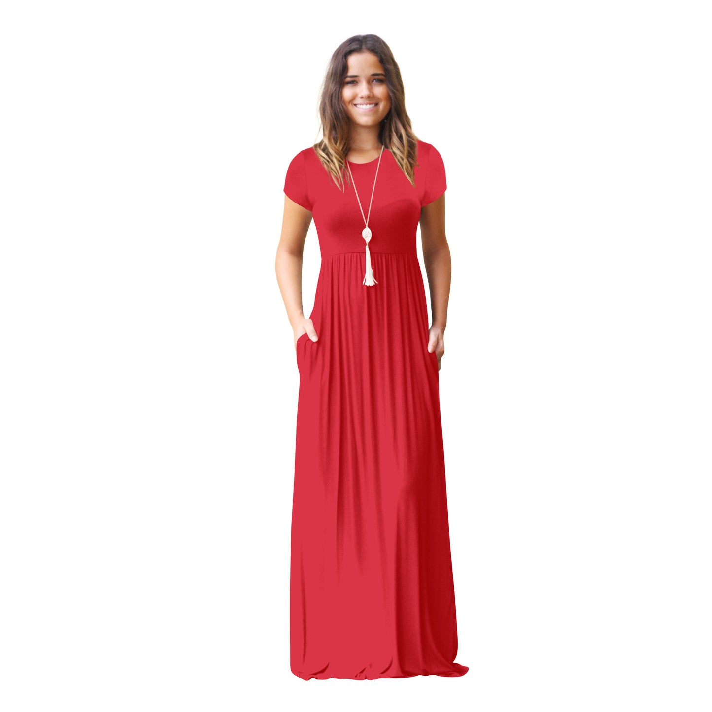 FS311#Women Short Sleeve Loose Plain Casual Long Maxi Dresses with Pockets