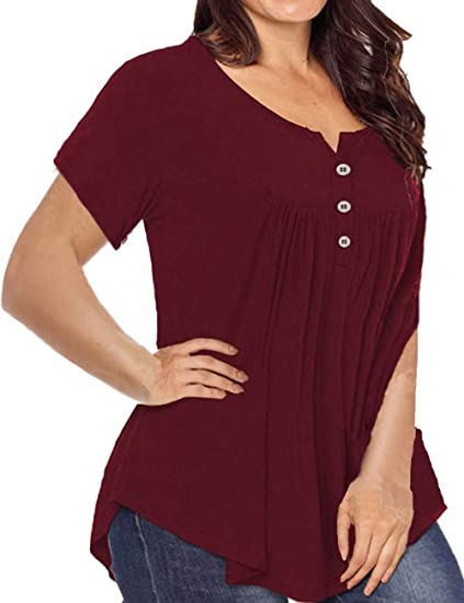 FS312#Women's Plus Size Tunic Tops Summer Short Sleeve V Neck Blouses Ruffle Flowy Button Up T Shirts