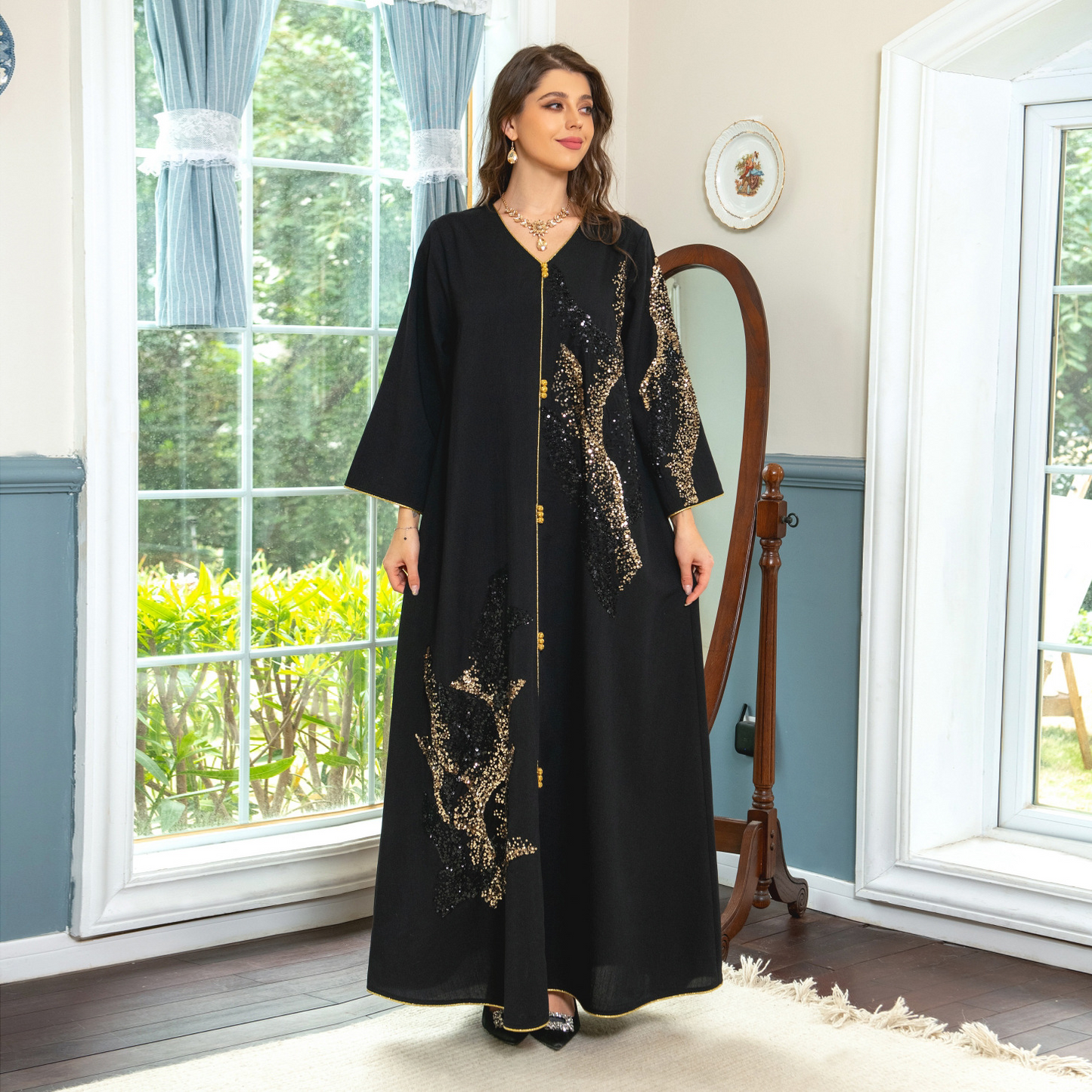 MS333#Long sleeve beadwork embroidered loose robe for Muslim women