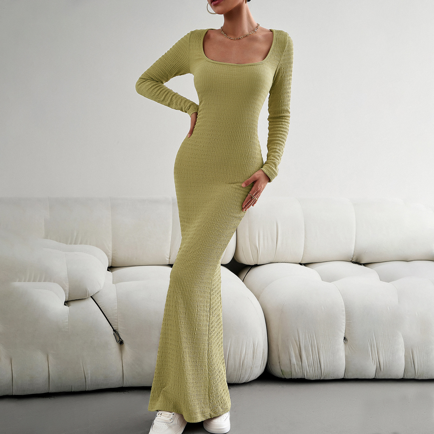 MS360#Women's slim-fit square neck long sleeve knitted dress