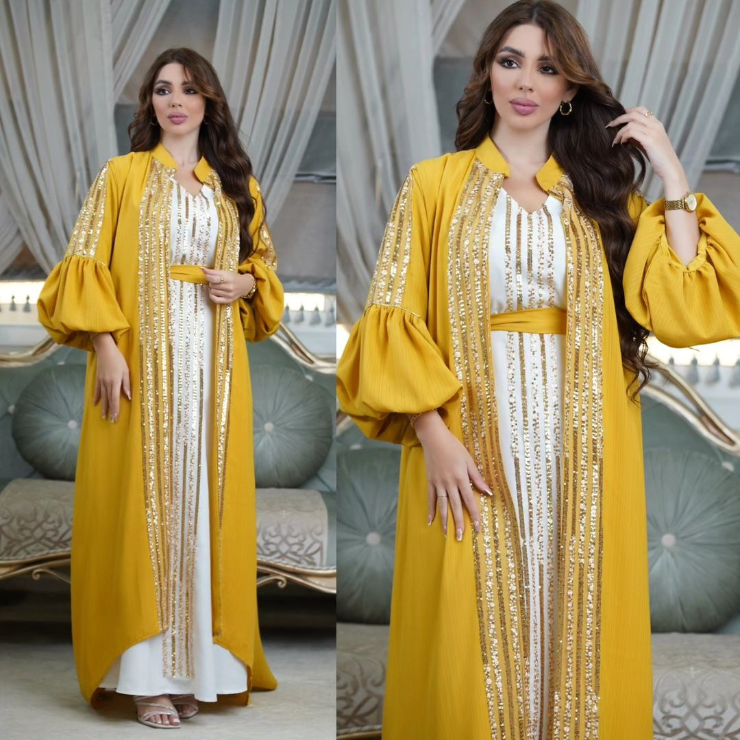 MS319#Muslim fashion two-piece women's embroidered bubble sleeve robe