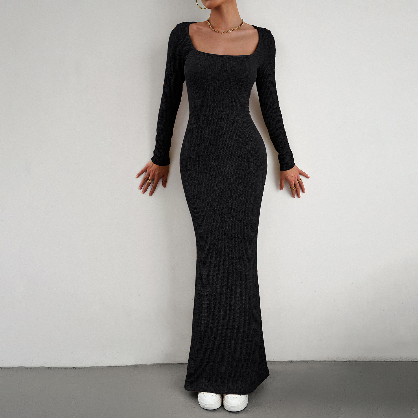 MS360#Women's slim-fit square neck long sleeve knitted dress