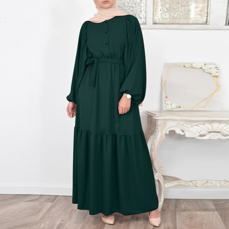 MS373#Women's Muslim shirt casual belted dress with puffed sleeves