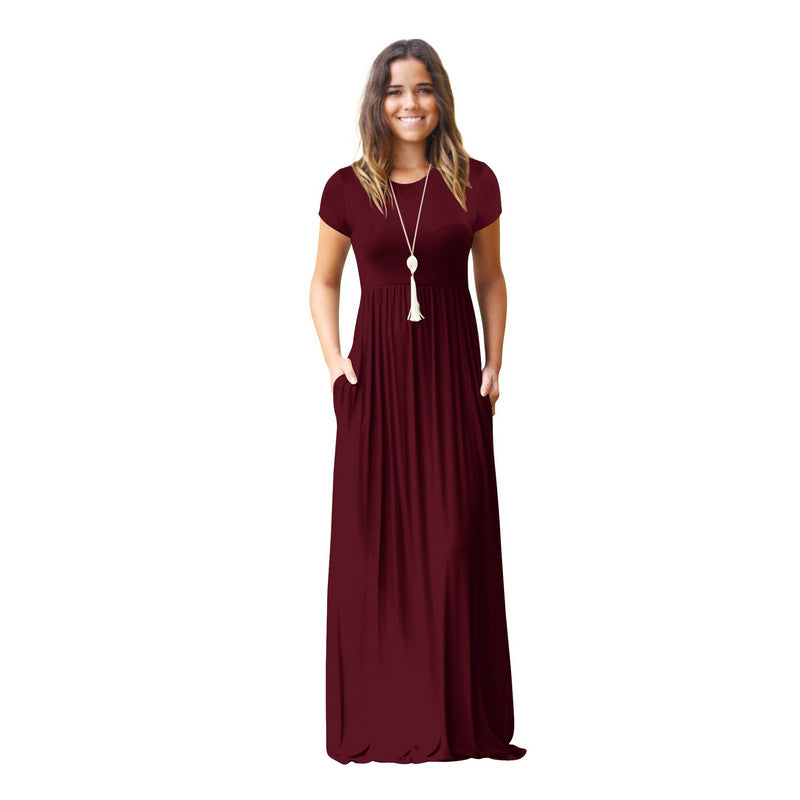 FS311#Women Short Sleeve Loose Plain Casual Long Maxi Dresses with Pockets