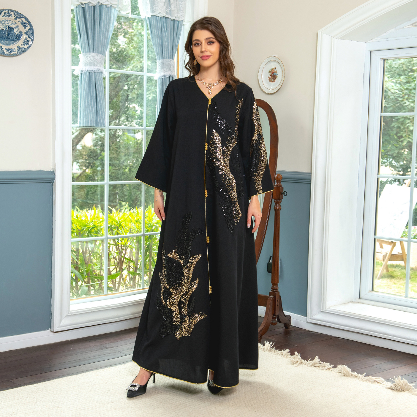 MS333#Long sleeve beadwork embroidered loose robe for Muslim women