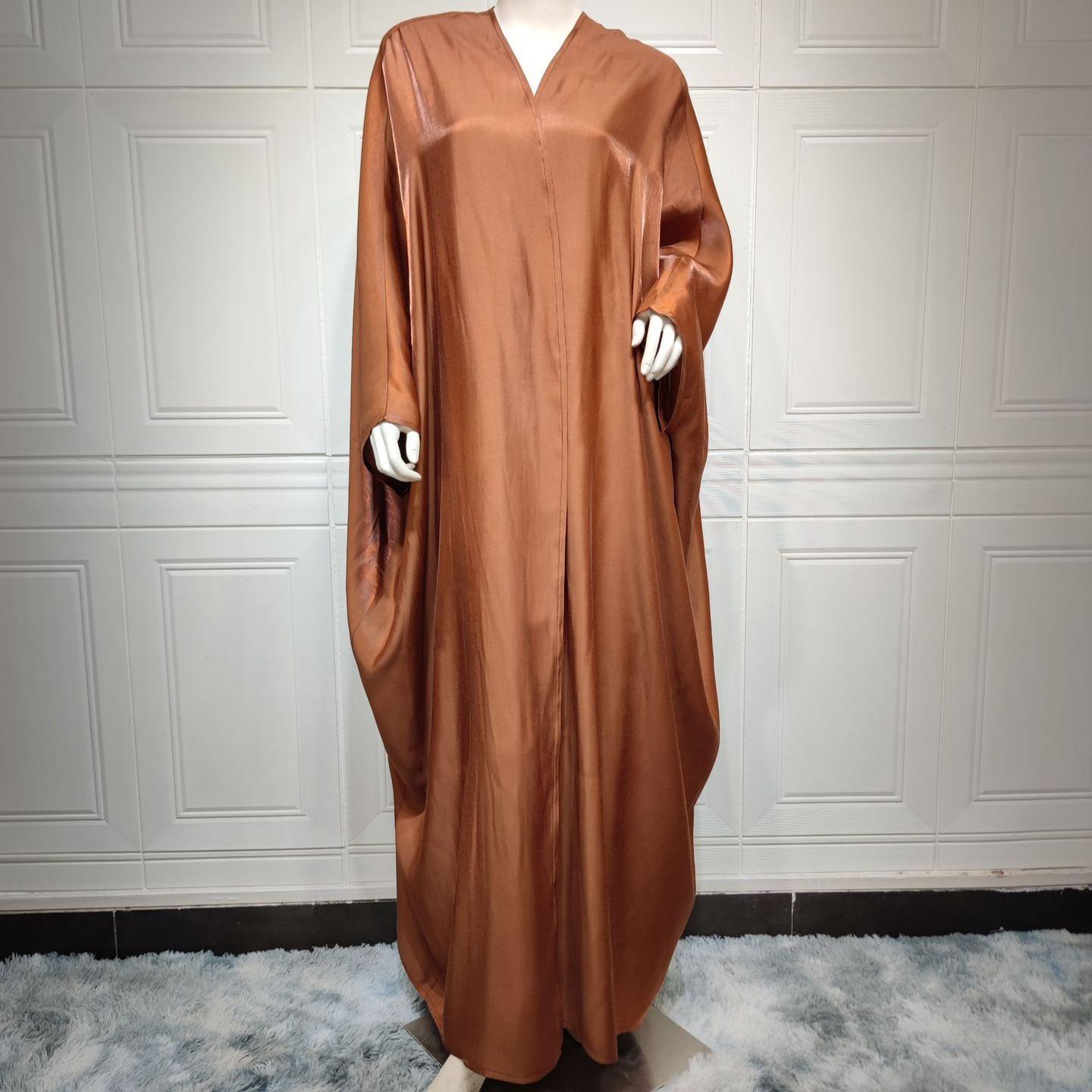 MS303# Muslim fashion bright silk Satin solid color Batsleeve robe European and American plus size women's wear