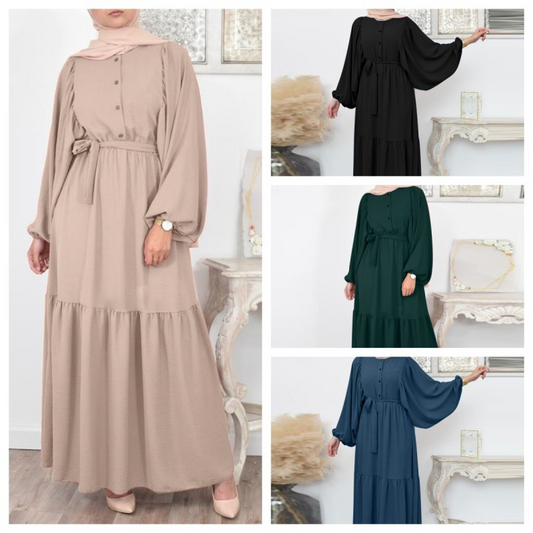 MS373#Women's Muslim shirt casual belted dress with puffed sleeves