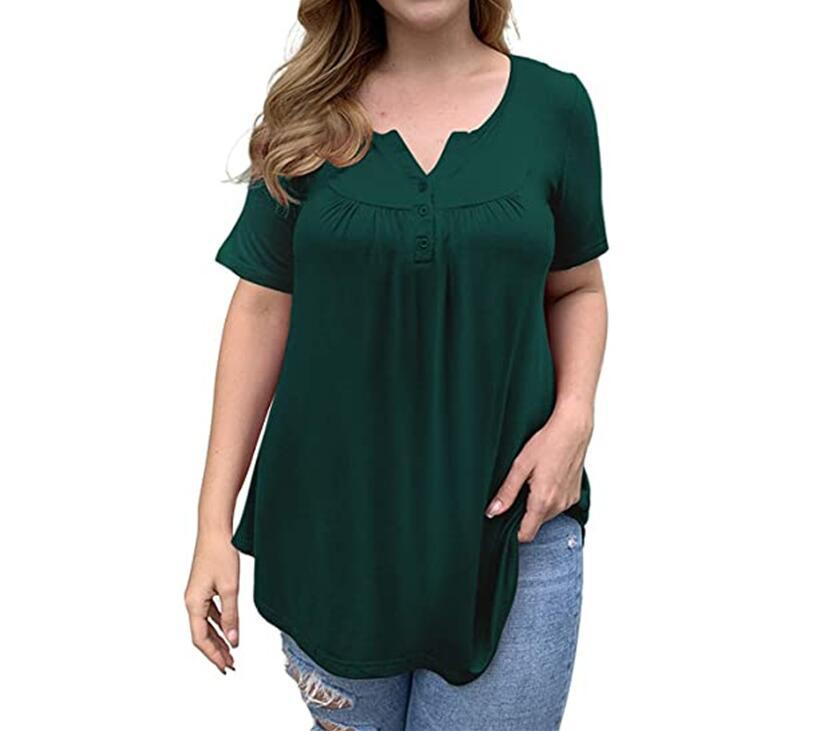 FS312#Women's Plus Size Tunic Tops Summer Short Sleeve V Neck Blouses Ruffle Flowy Button Up T Shirts