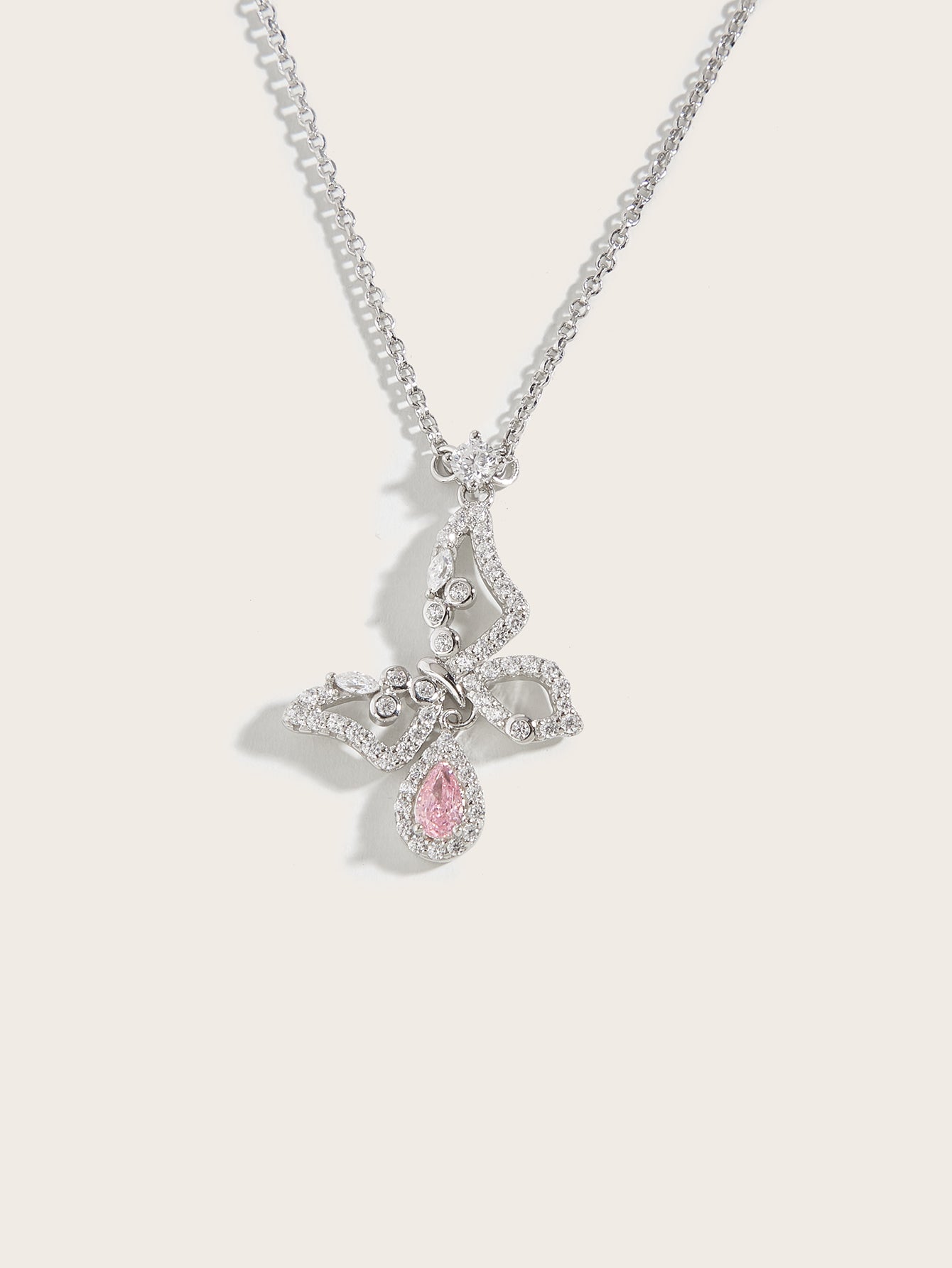 YNM020#925 silver necklace set with pink high carbon diamond butterfly pendant