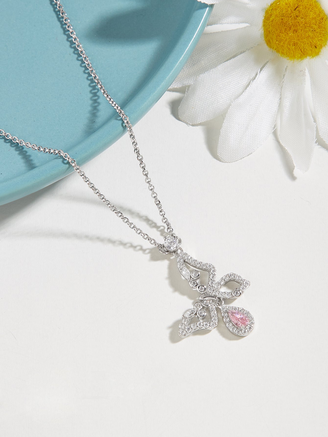 YNM020#925 silver necklace set with pink high carbon diamond butterfly pendant