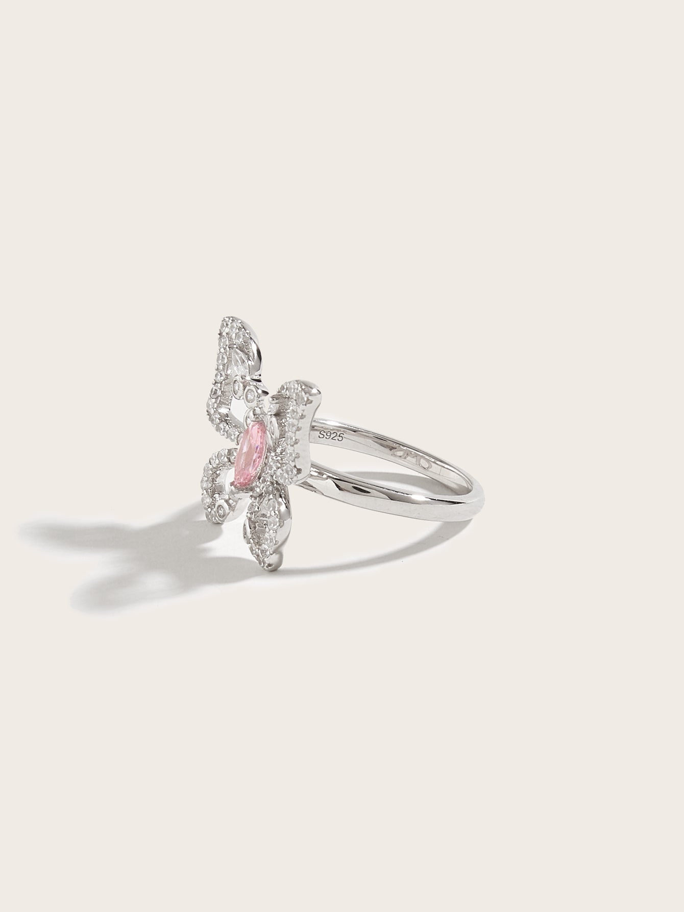 YNM019#Pink high-carbon diamond butterfly 925 silver ring