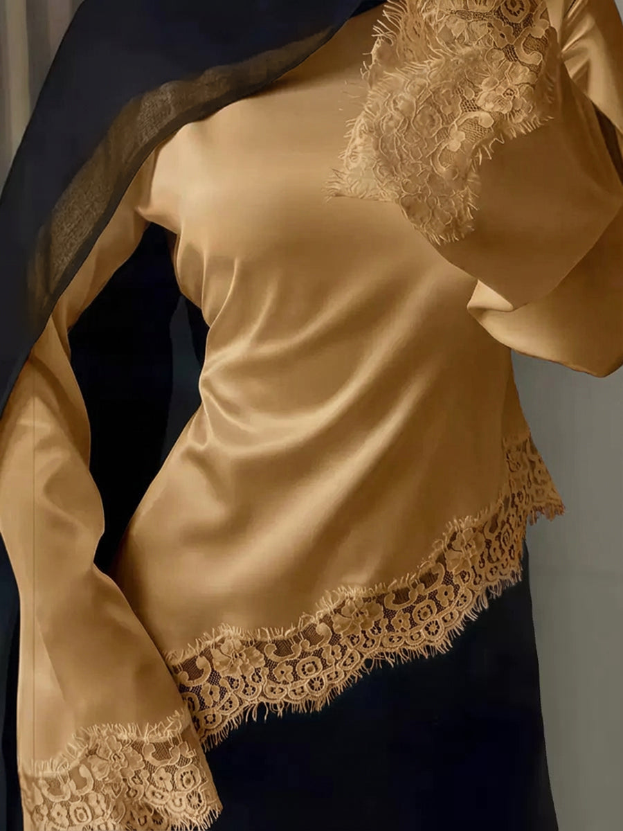 Lace Trim Satin Tie Back Blouse US Size 2-8 Comfortable Women's Top #MS624