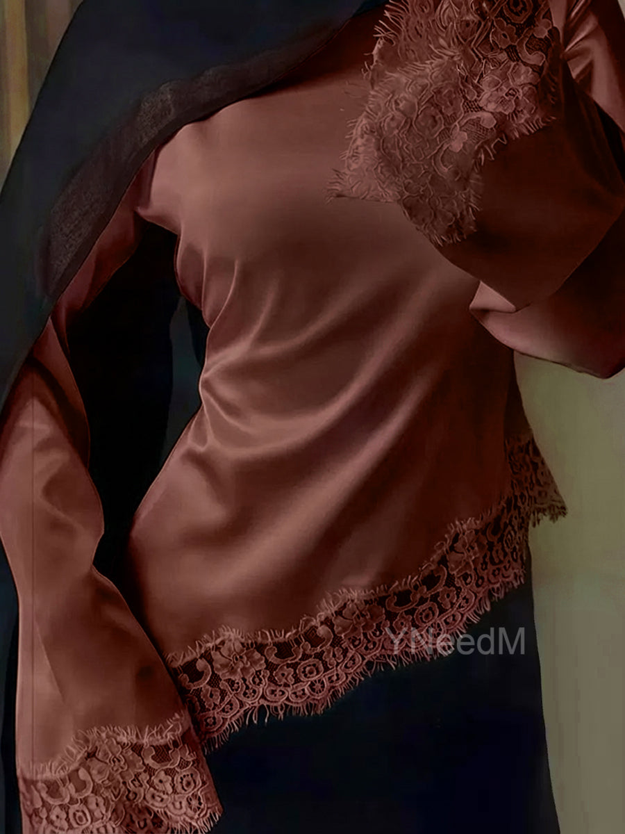 Lace Trim Satin Tie Back Blouse US Size 2-8 Comfortable Women's Top #MS624