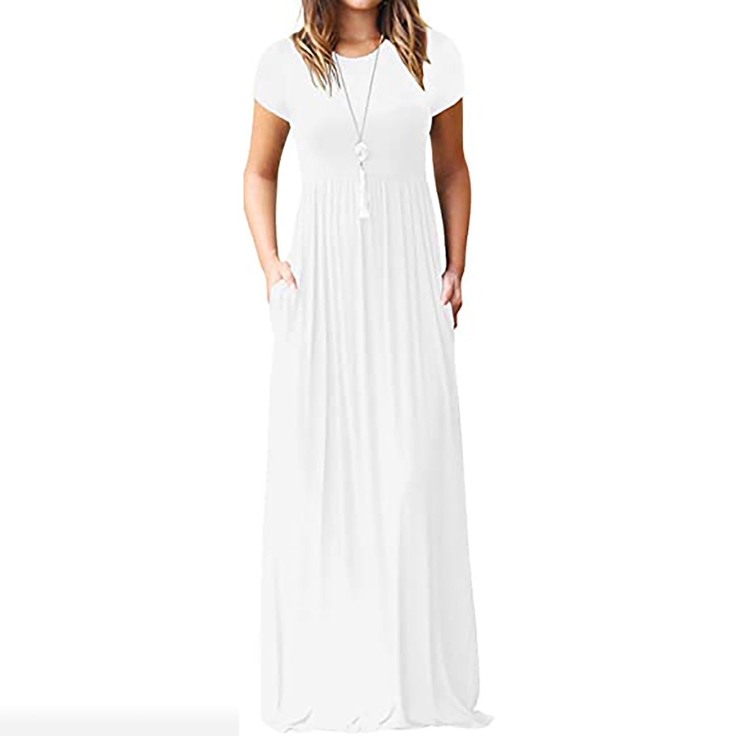 FS311#Women Short Sleeve Loose Plain Casual Long Maxi Dresses with Pockets