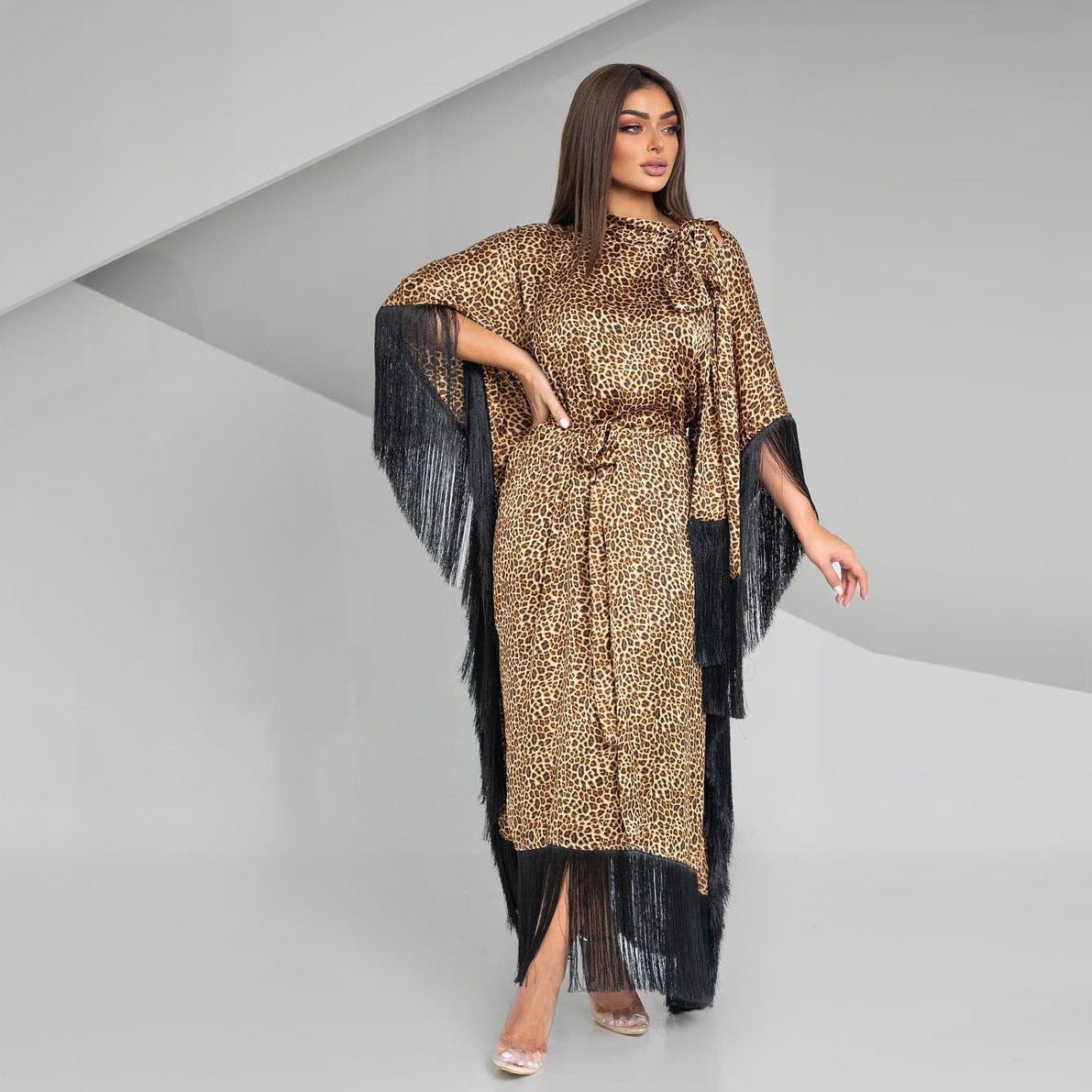 MS432#Modest fashion bat sleeve fringed leopard dress