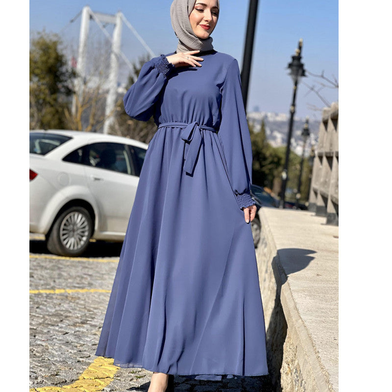 MS500#Solid color abaya fashion temperament lace-up long chiffon women dress uniform size