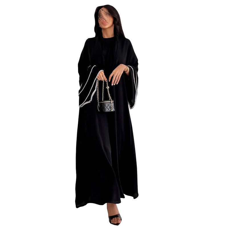 MS563#Arab Dubai Cardigan Black Robe Cuffs Beaded Abaya Fashion Coat