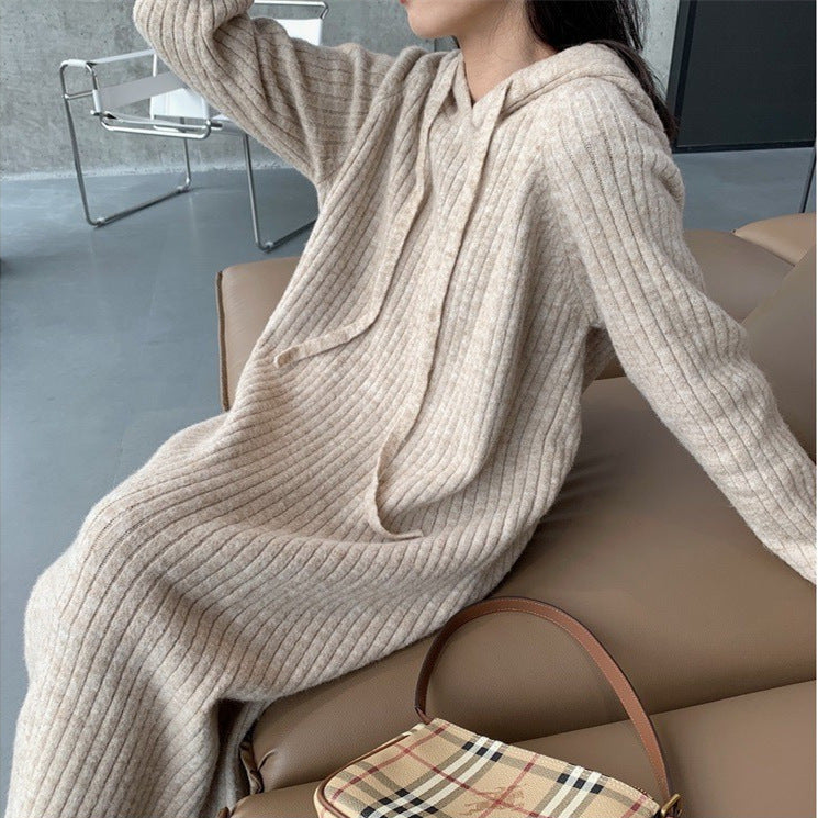 MS409#Hooded knitted women's loose long over-the-knee solid color sweater skirt