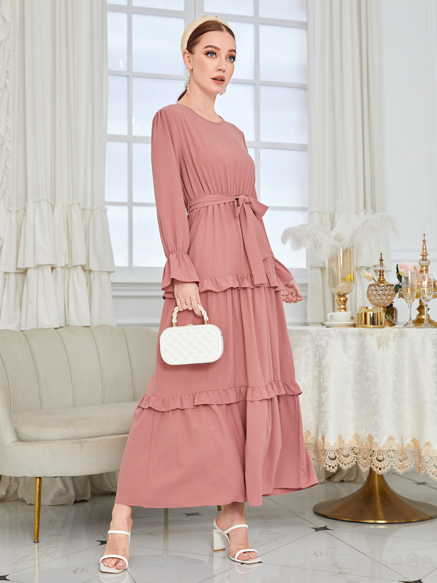 MS488#Fashion solid color ruffled dress (with belt)