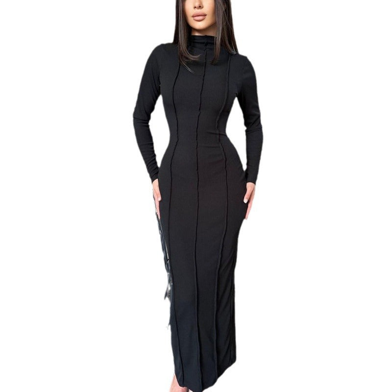 MS477#Fashion solid color tight wrap hip long sleeve temperament knitted women dress