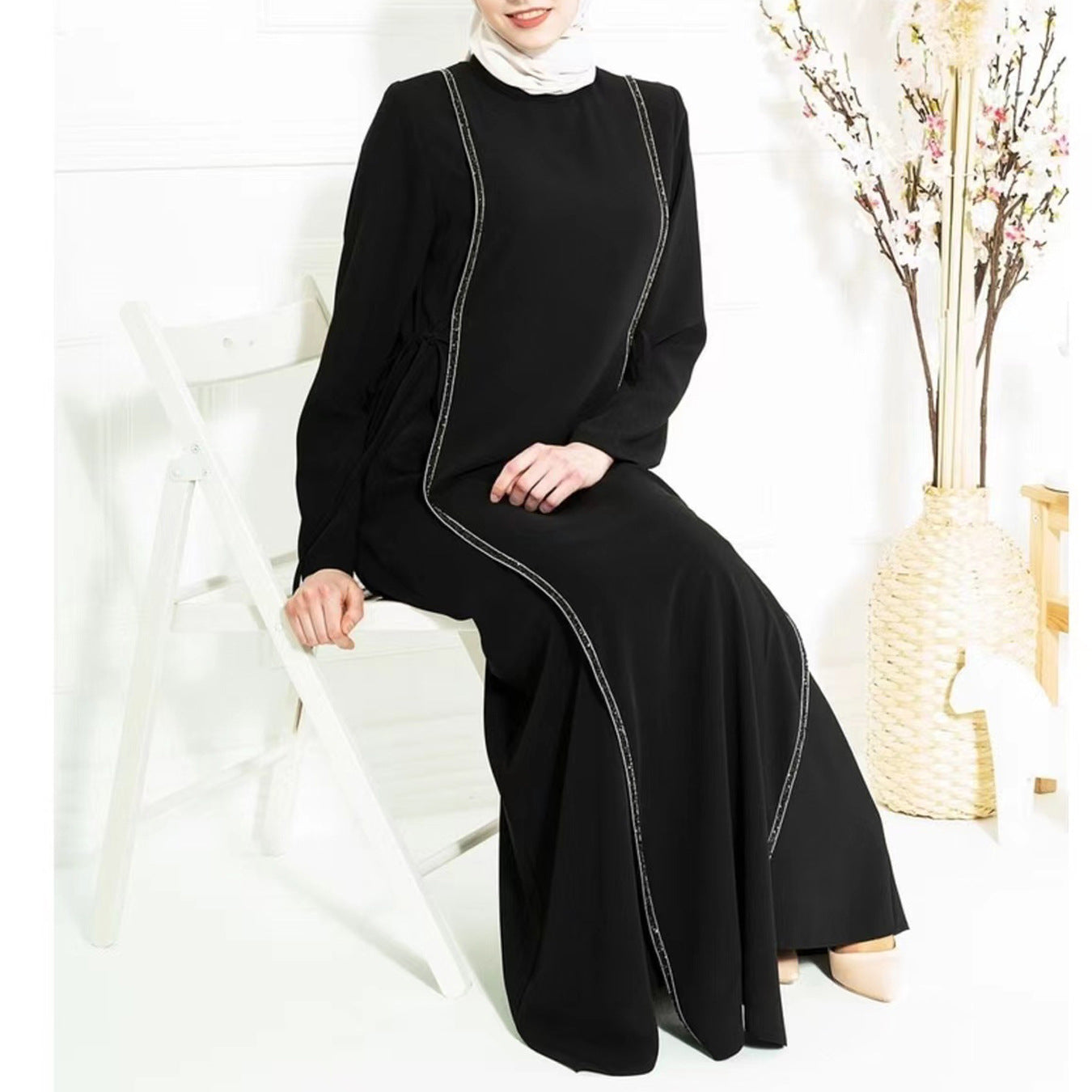 MS508#Simple women's dress round neck loose A-line skirt long sleeve lace dress