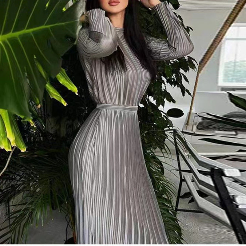 MS406#Autumn semi-high-necked slim hip-wrapped dress pleated long-sleeved lace-up dress