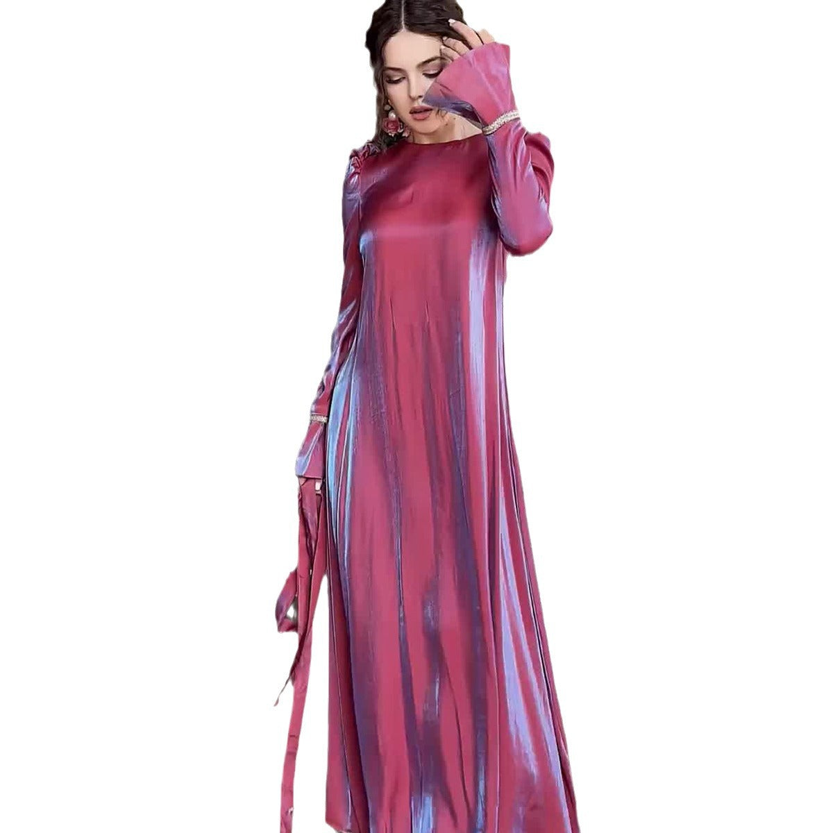 MS439#Solid color flashing glass satin trumpet sleeve zipper dress