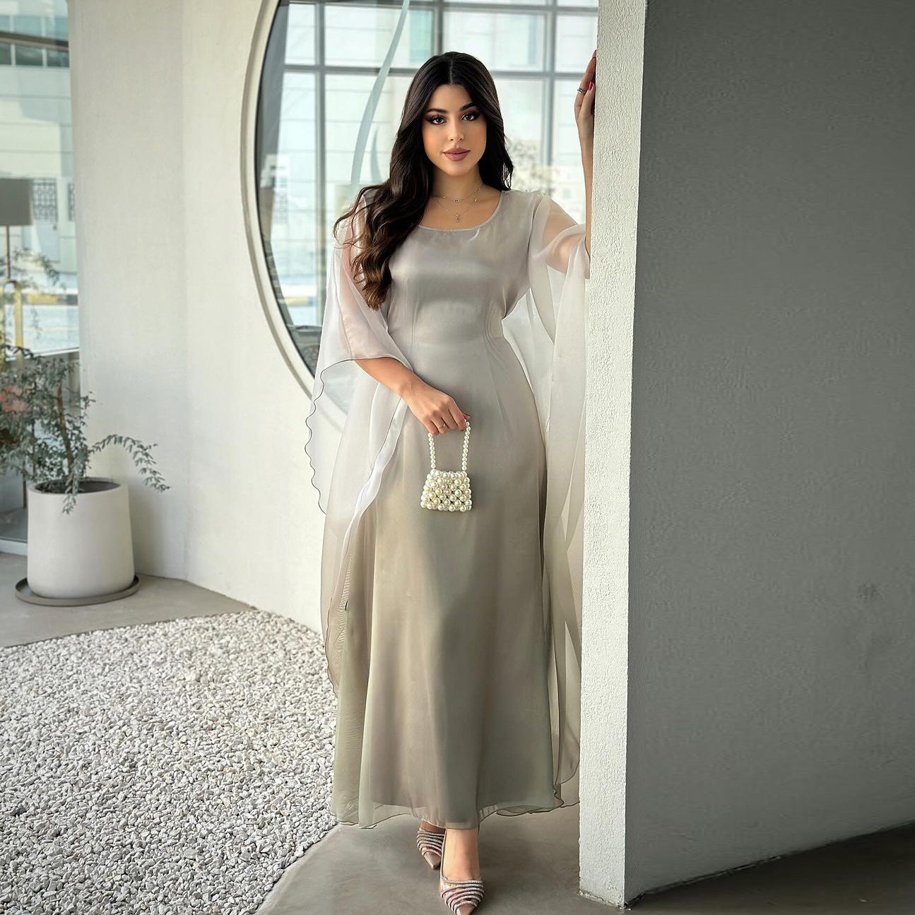 MS562# Muslim Fashion Gradient Satin Dress One Size Robe Loose Dress