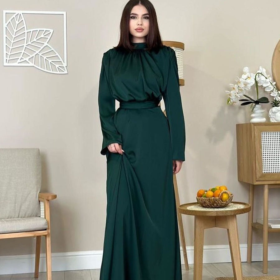 MS510#Satin style semi-high neck lace-up long sleeve high waist A-line skirt fashion dress