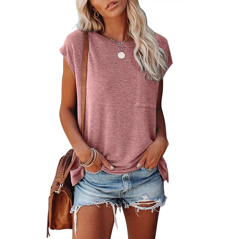 FS313#Womens Summer Short Cap Sleeve Shirts Solid Loose Fit Pocket Tunic Tops