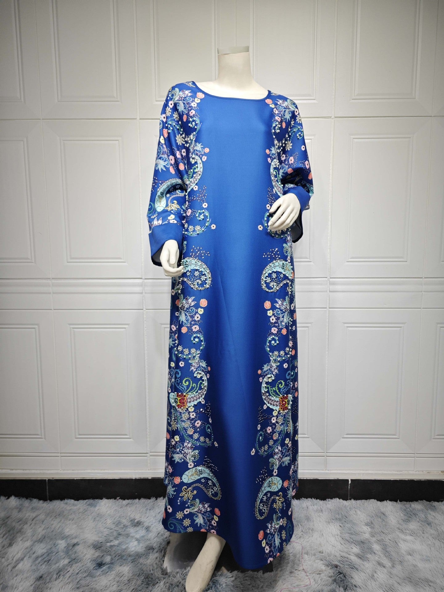 MS568#Muslim women's clothing Arab Dubai hot diamond pearl burning flower craft dress jalabiya robe