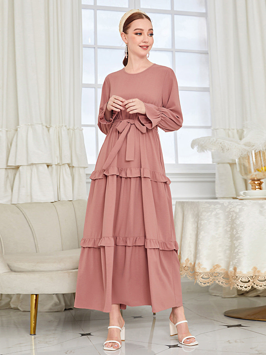 MS488#Fashion solid color ruffled dress (with belt)