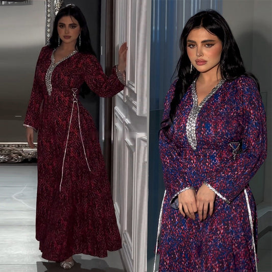 MS529# Muslim Arabic print dress, diamond-encrusted sparkling robe, Eid al-Adha home wear