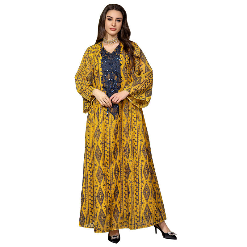 MS421#Muslim stitching loose robe with beaded embroidery