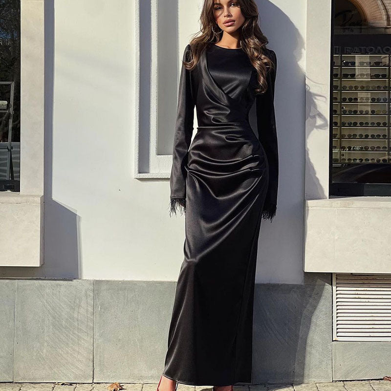 MS512#Satin slim temperament waist long sleeve feather long dress woman