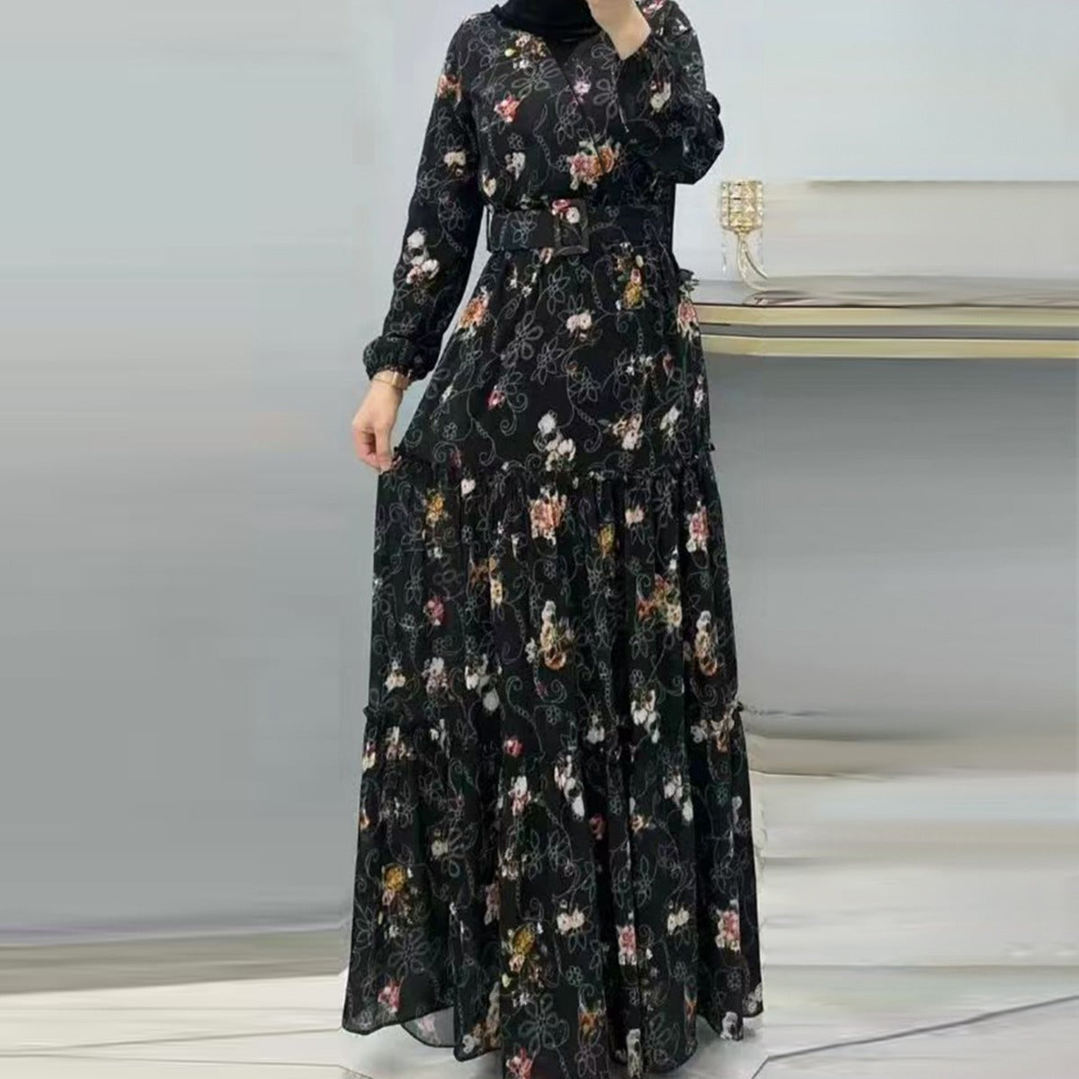 MS520# Fashion New Floral High Neck Long Dress for  Women with Elegant