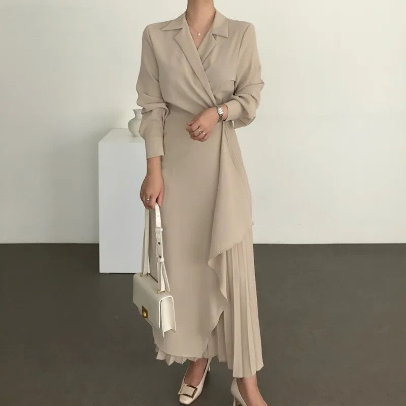 MS407#Women's elegant shirt long solid color halter skirt waist dress