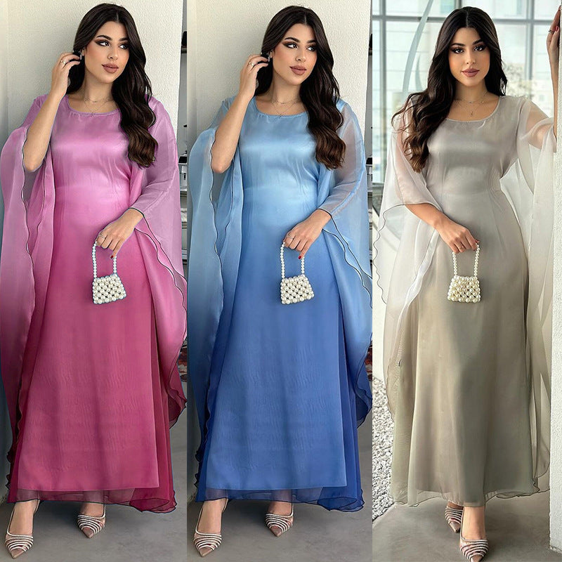 MS562# Muslim Fashion Gradient Satin Dress One Size Robe Loose Dress