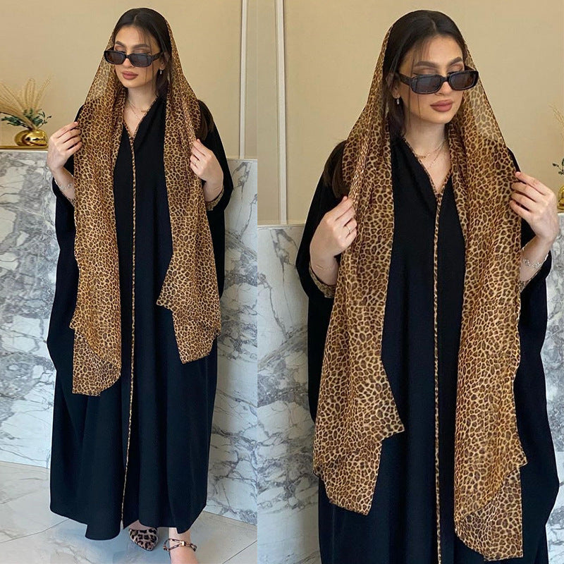 MS431#Muslim Abaya fashion cardigan leopard chiffon color matching robe with headscarf (NO inner dress)