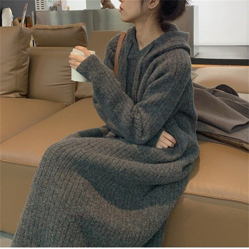 MS409#Hooded knitted women's loose long over-the-knee solid color sweater skirt