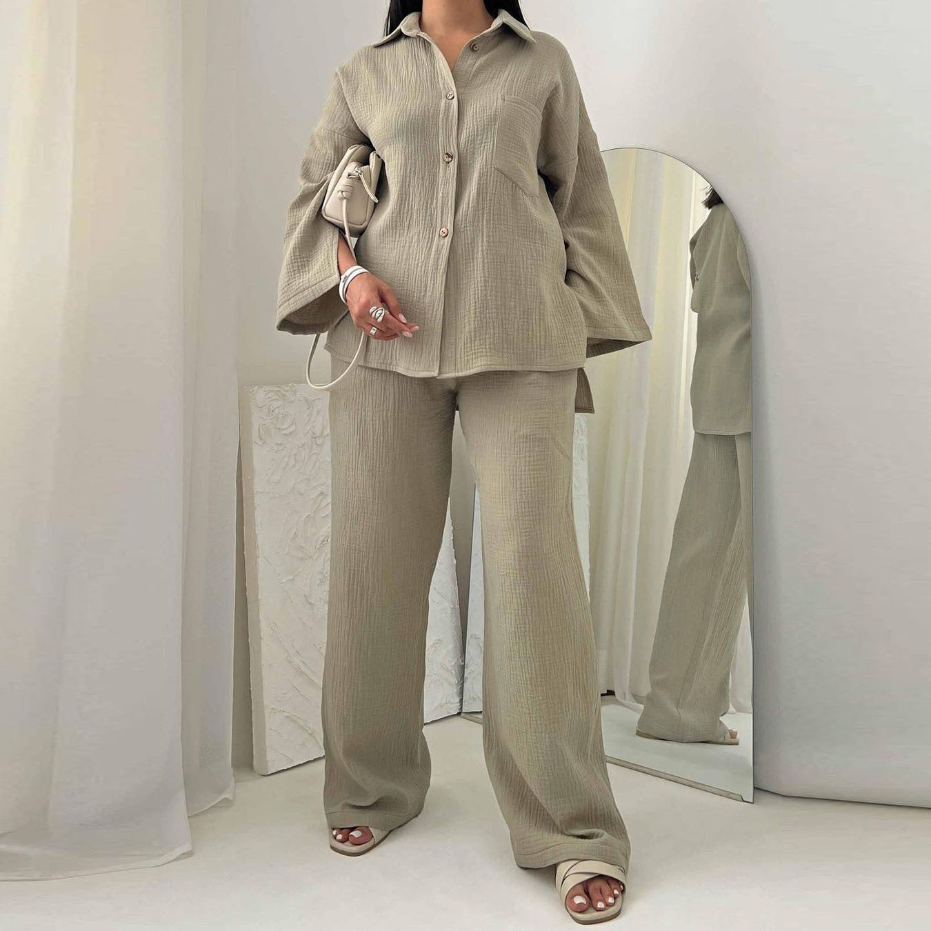 MS503#Plus-size women's fashion crepe long-sleeved shirt high-waisted wide-leg trouser suit