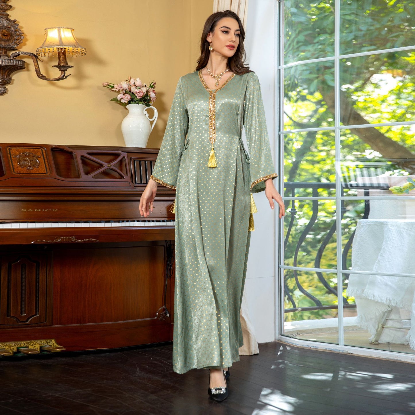 MS534#Muslim 2024 spring cross-border fashion ethnic women's suede bronzing hot diamond dress with waist rope