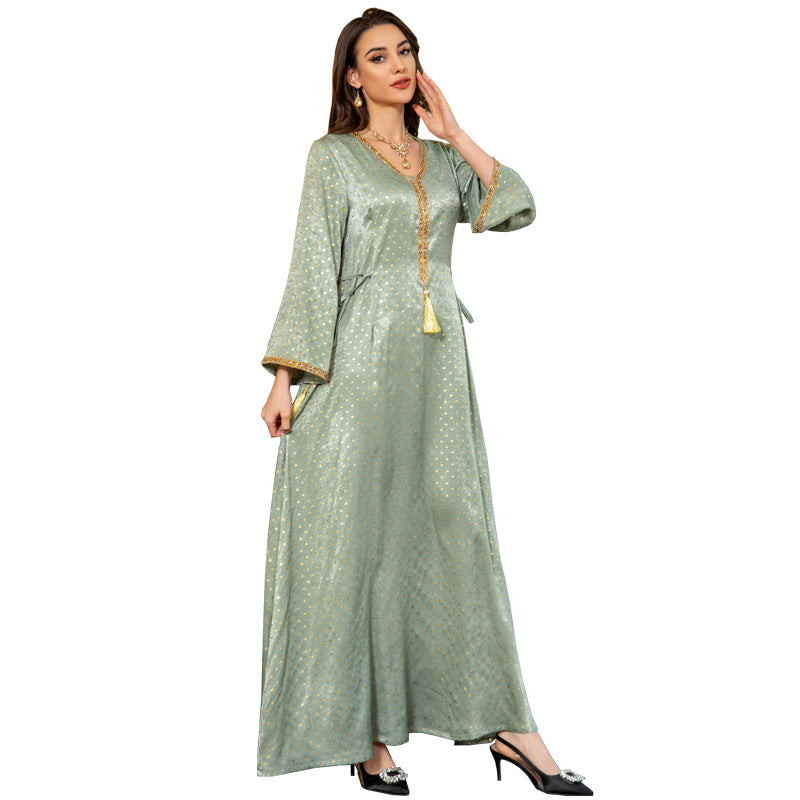 MS534#Muslim 2024 spring cross-border fashion ethnic women's suede bronzing hot diamond dress with waist rope