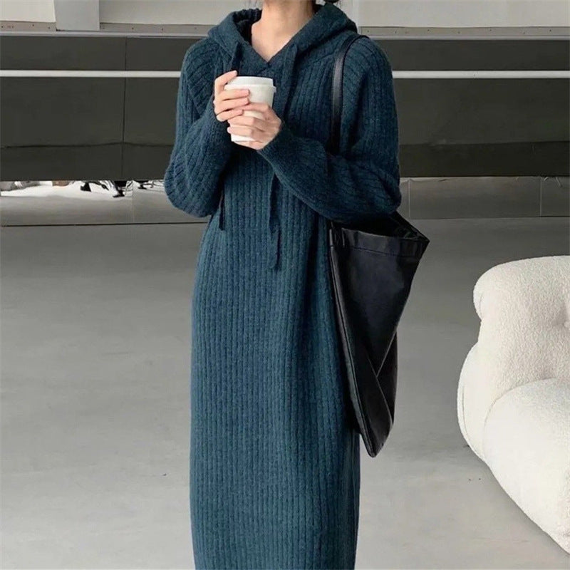 MS409#Hooded knitted women's loose long over-the-knee solid color sweater skirt