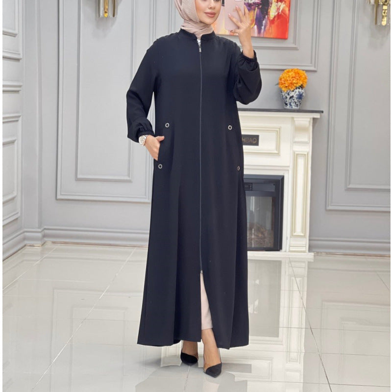 MS499#Ladies stand collar zipper insert bag temperament loose casual dress gown for women