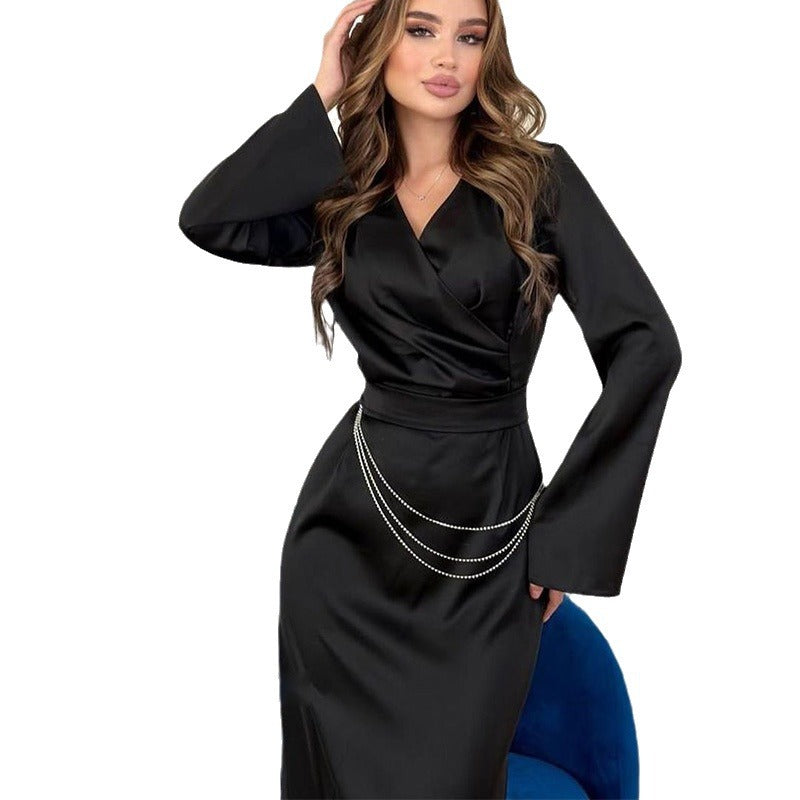 MS511#Solid color V-neck metal trim long sleeve high waist long dress